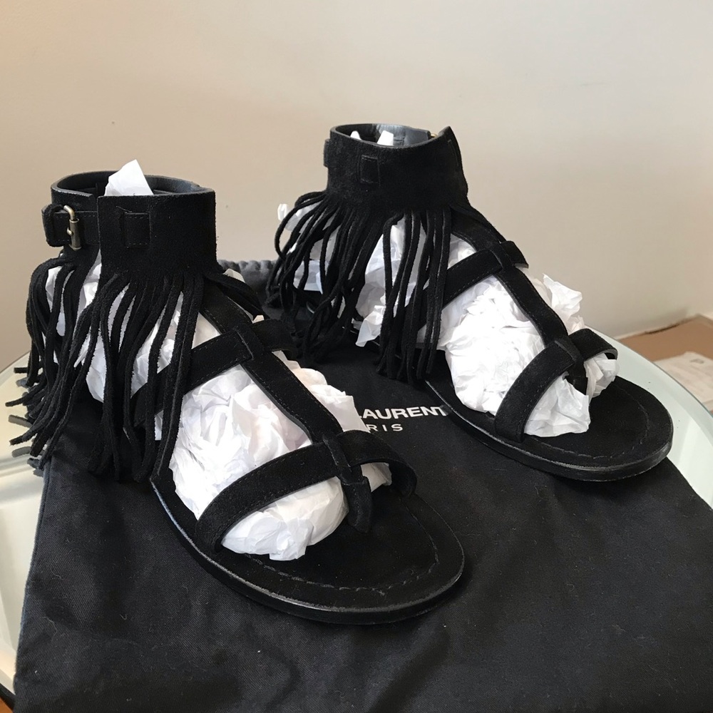 Saint Laurent Black Suede Fringe Ankle Strap Sandals